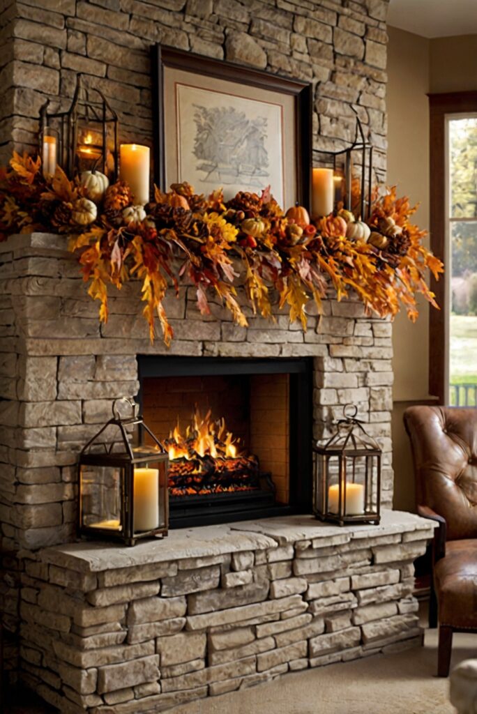 Fall mantel decor, Fireplace mantel ideas, Cozy fireplace decorations, Autumn mantle decorations, Rustic fall mantel