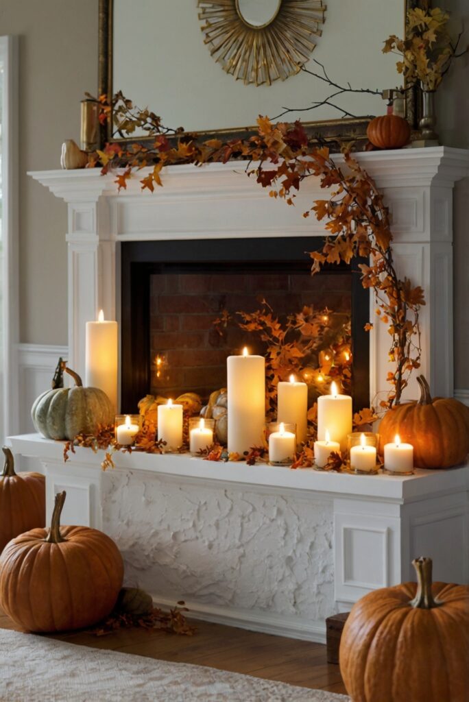 Fall mantel decor, autumn fireplace ideas, seasonal mantel decorations, cozy fall mantels, elegant autumn mantel