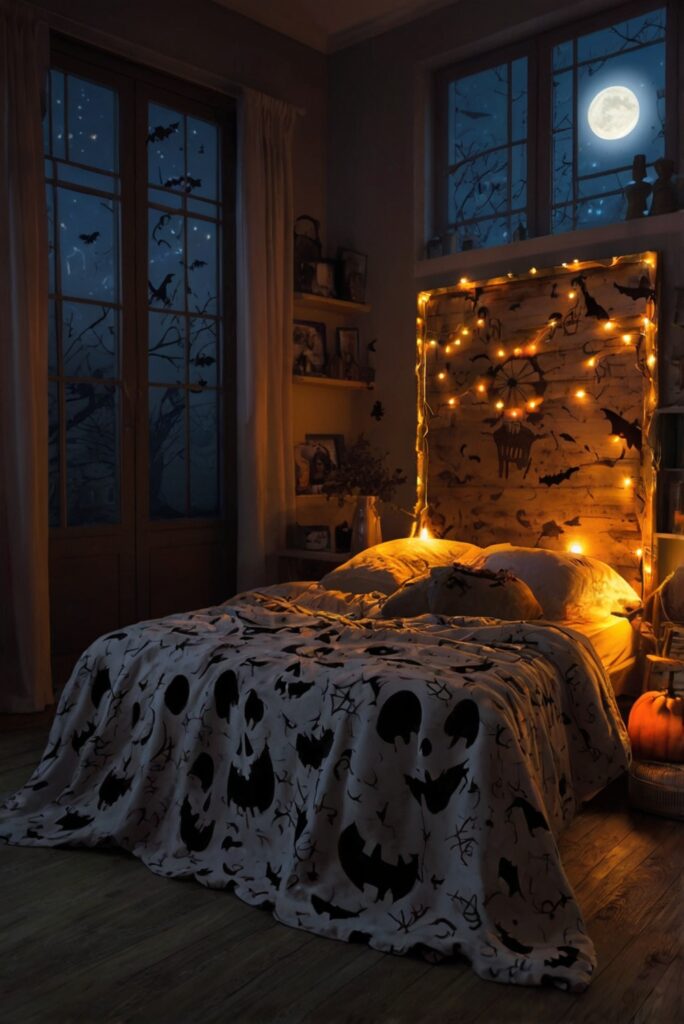 Upgrade Bedroom Decor, Halloween Bedroom Ideas, Spooky Bedroom Decor, Halloween Bedding, Haunted Bedroom Design