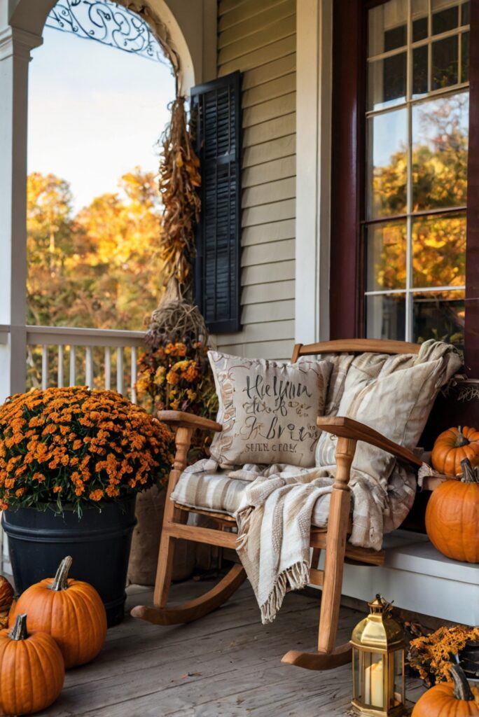 Fall porch decor, Outdoor space decor, Autumn porch ideas, Cozy outdoor design, Fall front porch