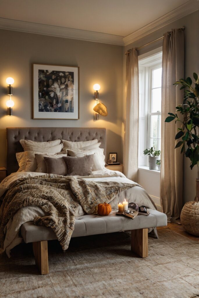 Bedroom decor, Cozy bedding, Fall color scheme, Modern furniture, Home accessories