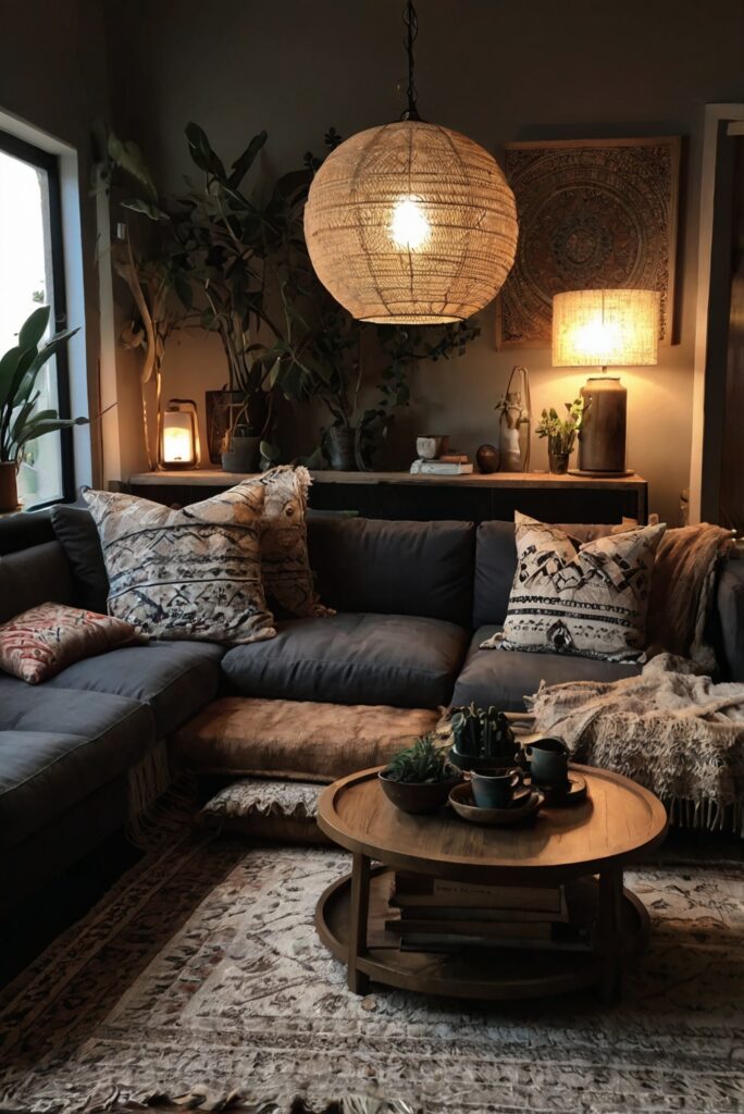 dark boho decor, luxurious boho living room, boho chic furniture, elegant dark interior, modern bohemian design