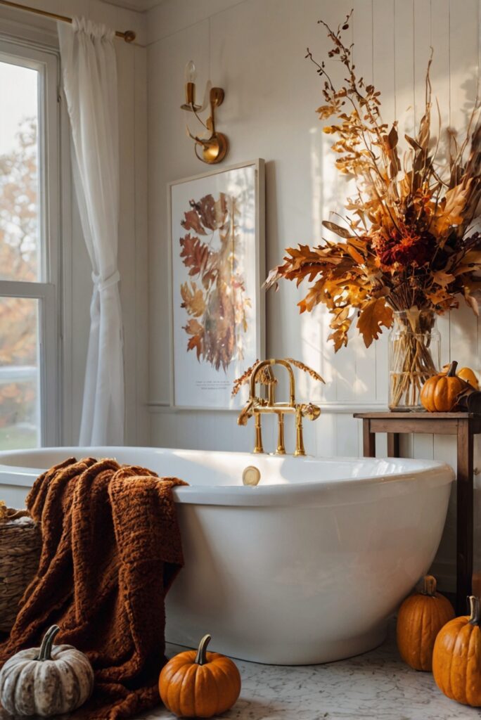 Fall bathroom decor, Autumn themed bathroom, Cozy bathroom design, Warm bathroom accessories, Seasonal bathroom makeover