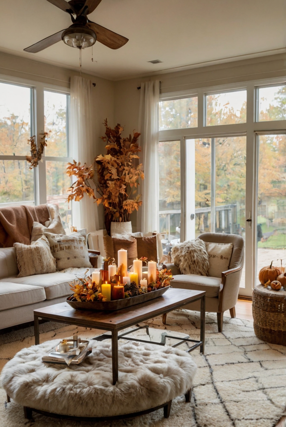 Fall decor, cozy living room, seasonal home design, autumn interior styling, elegant fall decorations