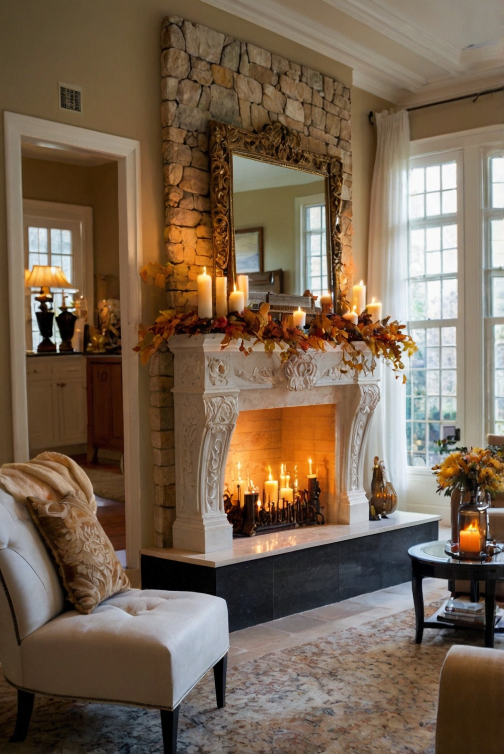 fireplace decor, fall mantel ideas, cozy autumn decorations, seasonal home decor, elegant fireplace design