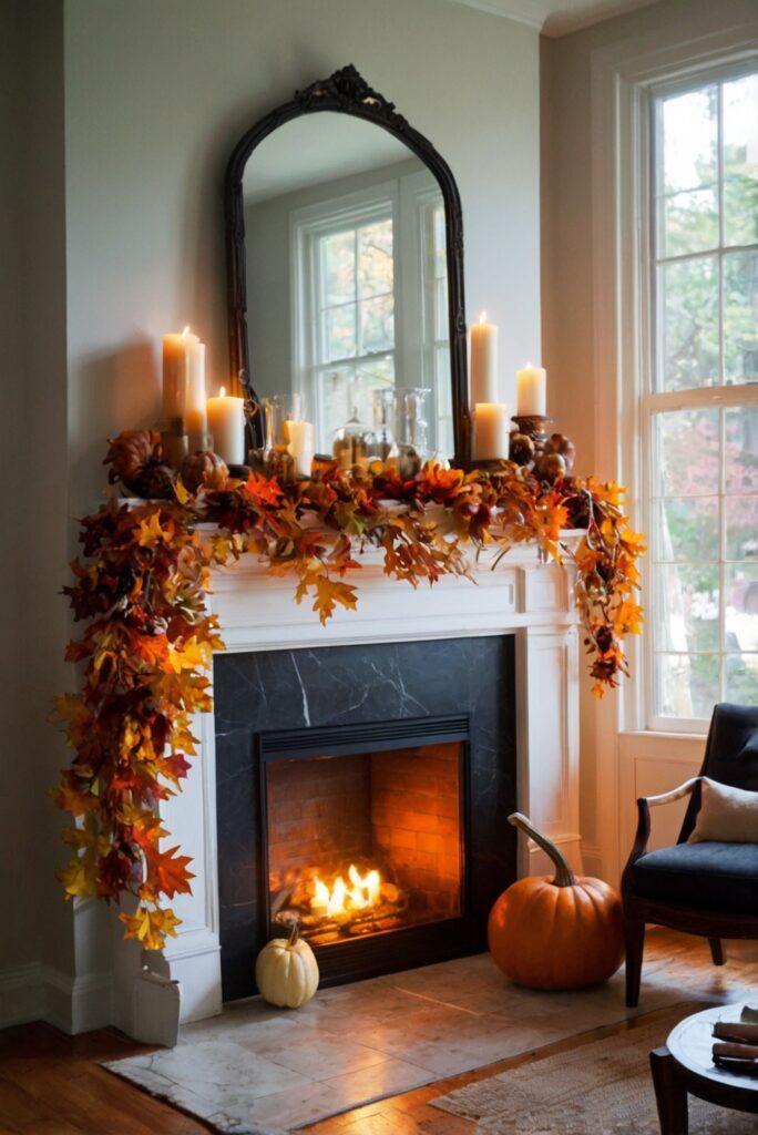 Fall mantle decor ideas, Stylish Fall decor, Cozy home decor, Autumn fireplace decorations, Seasonal mantle decor