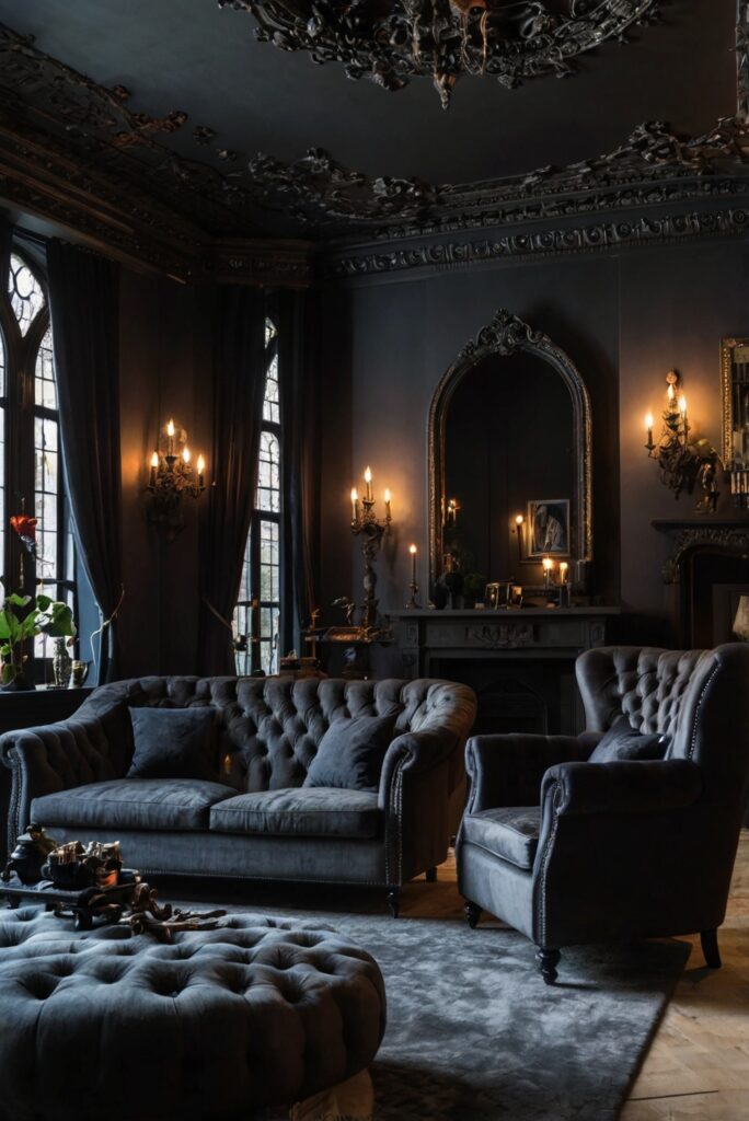 gothic living room design, gothic home decor, dark gothic interior, gothic furniture, elegant gothic style