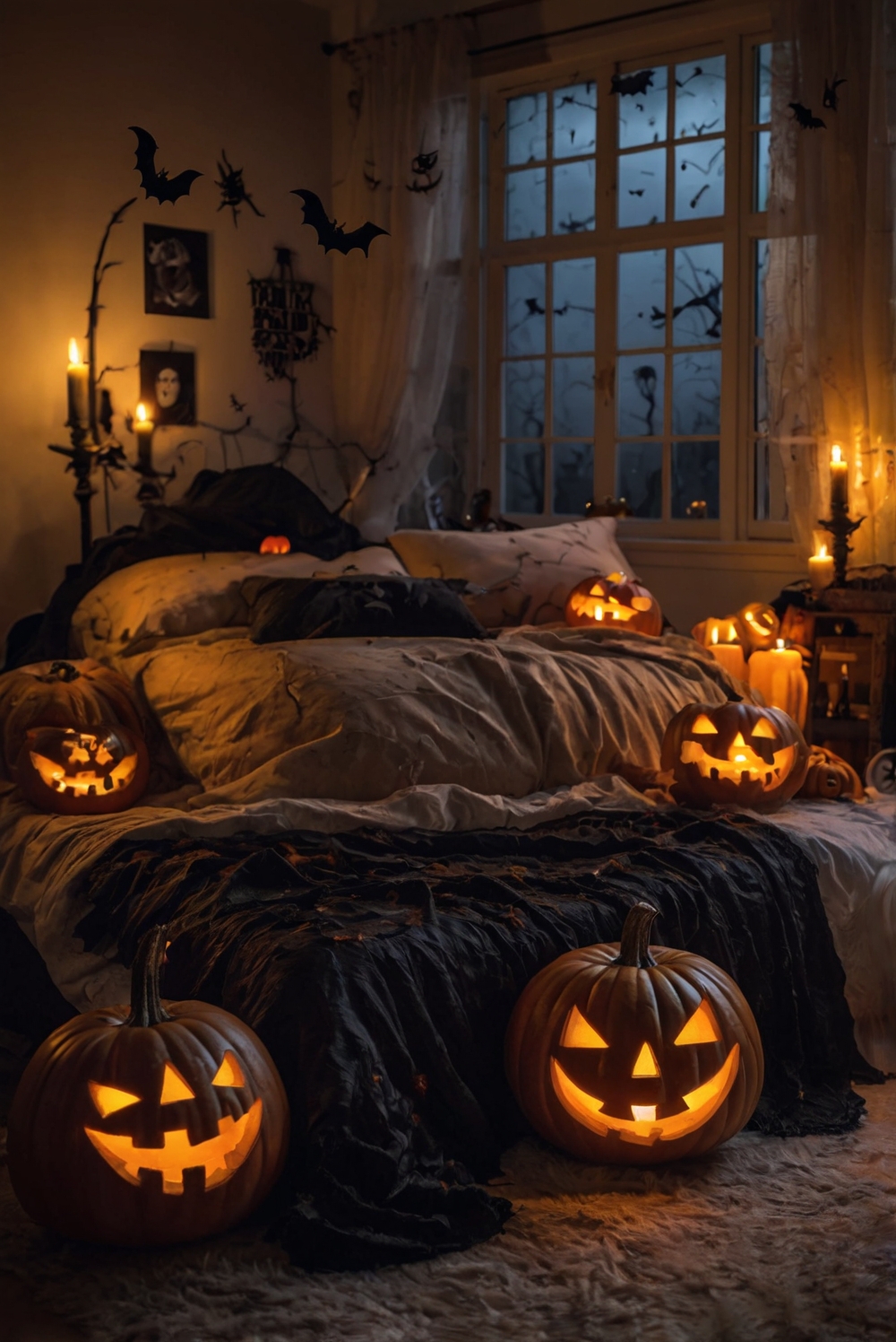 Halloween decor, Spooky bedroom, Haunted house decor, Halloween bedding, Creepy bedroom ideas