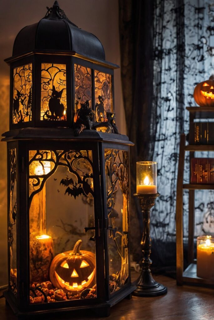 Halloween decorations, ghostly atmosphere, pumpkin lanterns, spiderweb curtains, haunted house theme