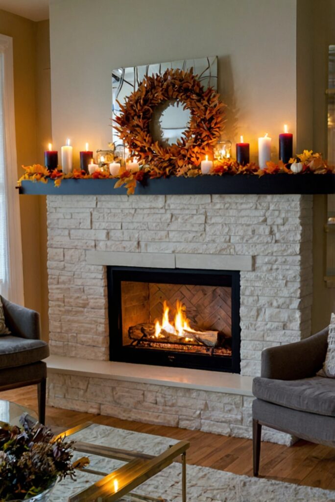 Fireplace mantel decor, Cozy living room ideas, Fall home decorations, Autumn fireplace design, Rustic fireplace accessories