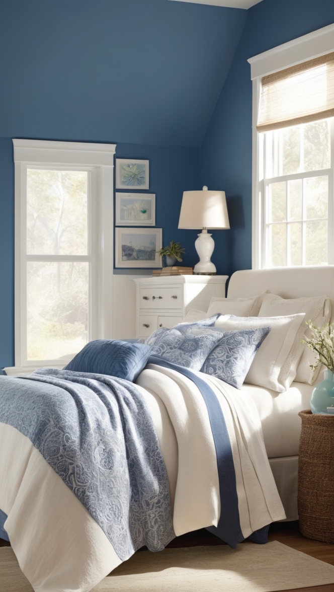 Blue and white bedding set, Elegant blue bedroom decor, Vintage blue and white furniture, Luxurious blue and white duvet cover, Traditional blue and white curtains