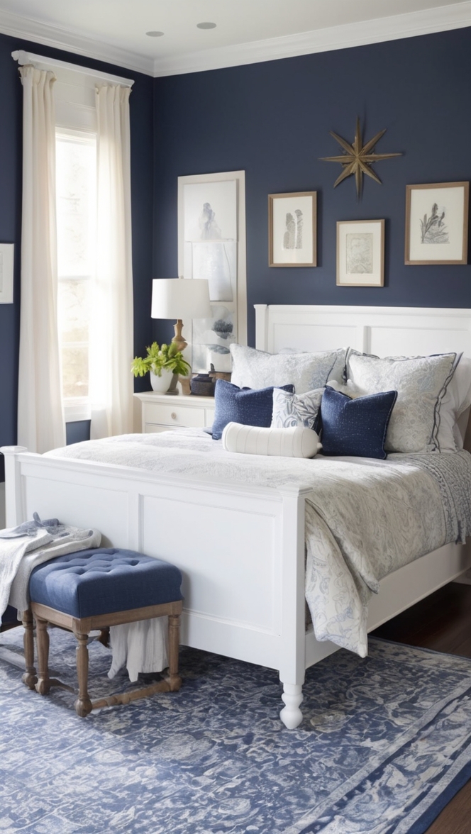 navy blue bedroom decor, navy blue furniture, white bedroom set, navy blue bedroom furniture, white nightstand