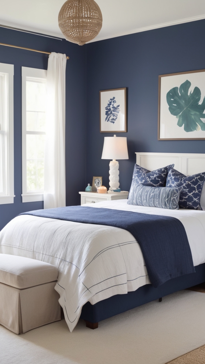 navy blue bedding, navy blue decor, white bedroom furniture, coastal bedroom decor, nautical bedroom ideas