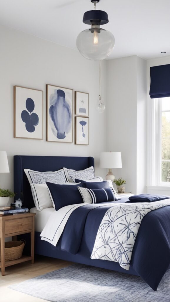 navy blue bedding, navy blue decor, white bedroom furniture, coastal bedroom decor, nautical bedroom ideas