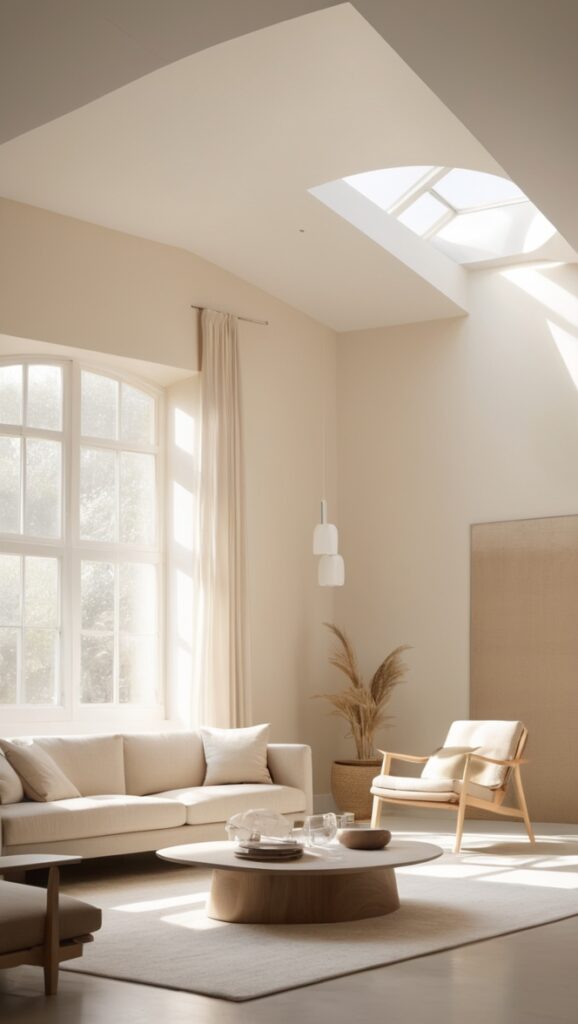 minimalist living room decor, beige living room ideas, neutral color scheme, contemporary home design, modern interior design