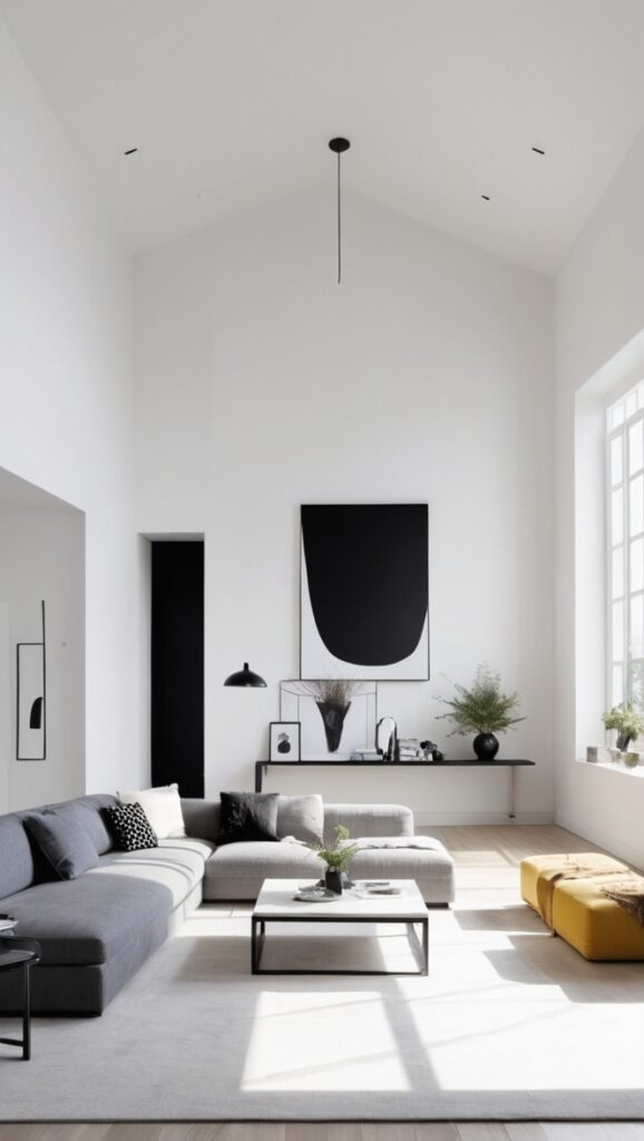 minimalist living room decor, black and white home decor, modern minimalist furniture, monochromatic interior design, sleek minimalist design