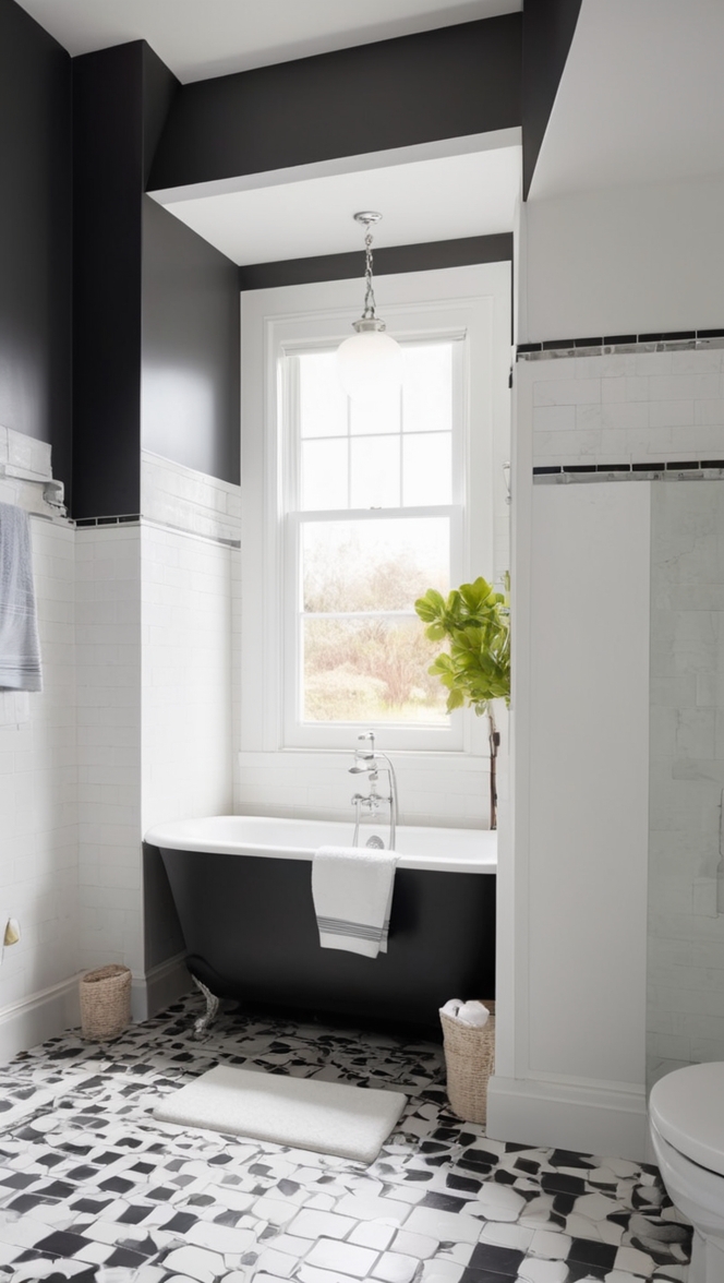 black and white mosaic tiles, bathroom tile ideas, monochrome floor tiles, modern black and white bathroom, patterned bathroom tiles