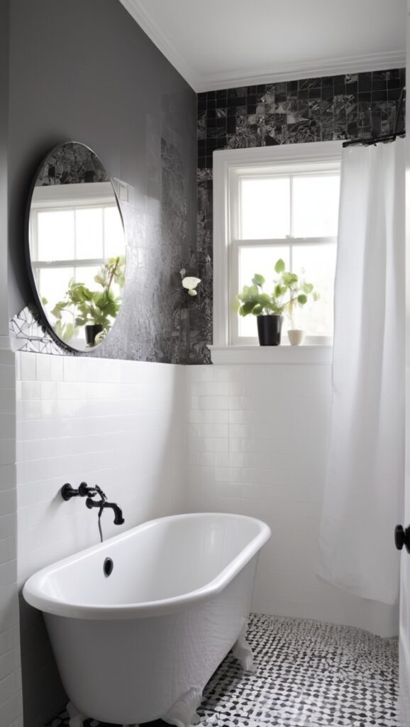 black and white mosaic tiles, bathroom tile ideas, monochrome floor tiles, modern black and white bathroom, patterned bathroom tiles