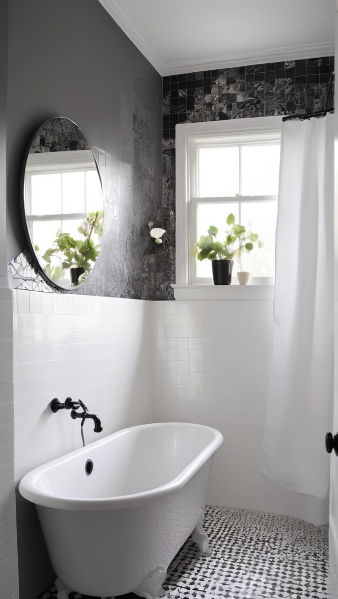 black and white mosaic tiles, bathroom tile ideas, monochrome floor tiles, modern black and white bathroom, patterned bathroom tiles 