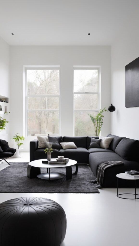 black living room decor, minimalist home design, modern interior design, sleek furniture, contemporary home decor