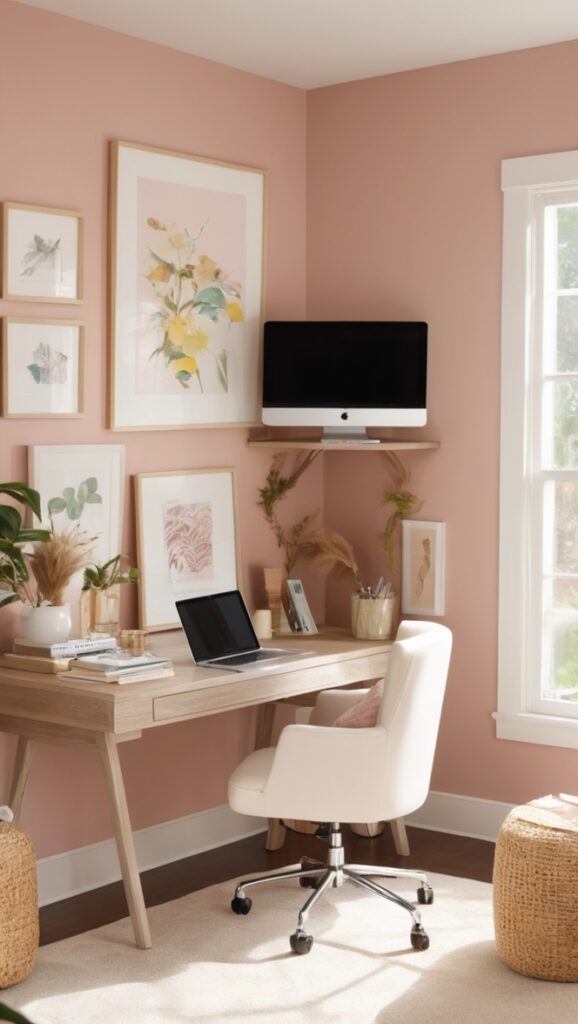 cozy office decor, home office furniture, comfortable study space, small office nook, stylish workspace