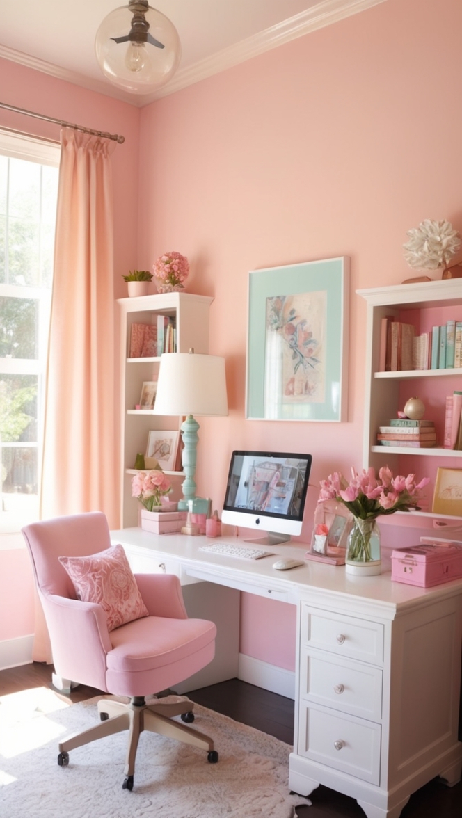 cozy home office decor, home office design ideas, pink office accessories, stylish home office furniture, modern pink office décor