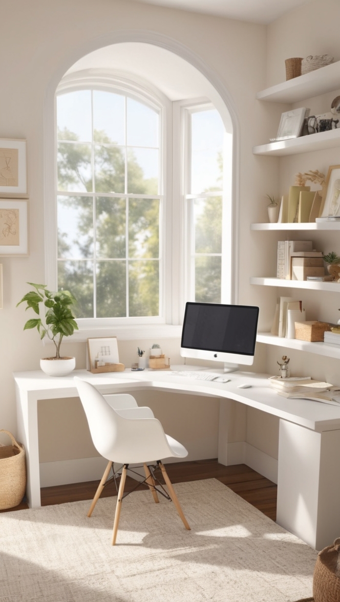cozy home office decor, minimalist desk design, modern office organization, stylish workspace ideas, comfortable work environment