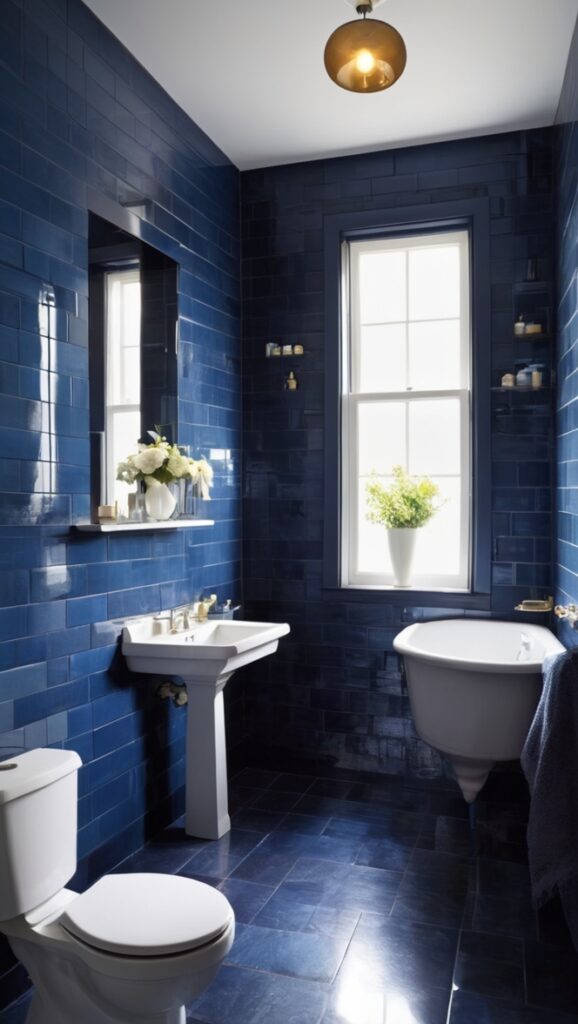 dark blue mosaic tiles, navy blue bathroom tiles, deep blue ceramic tiles, cobalt blue floor tiles, midnight blue wall tiles