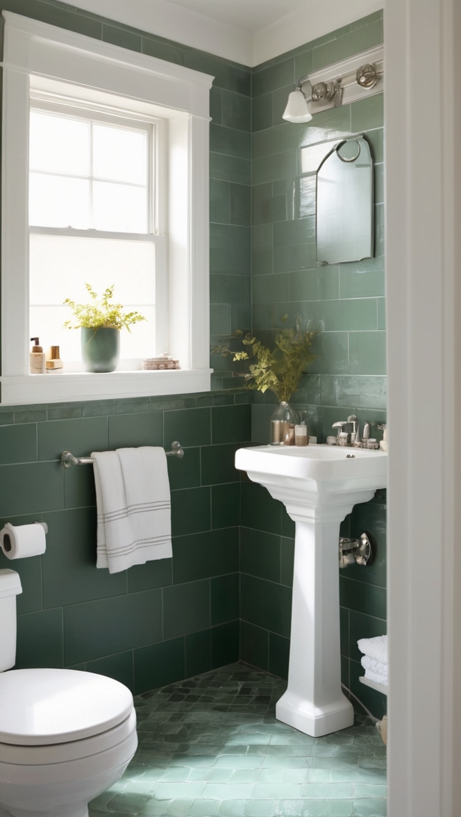 dark green tile, green bathroom floor, green subway tile, emerald green tile, hunter green tile