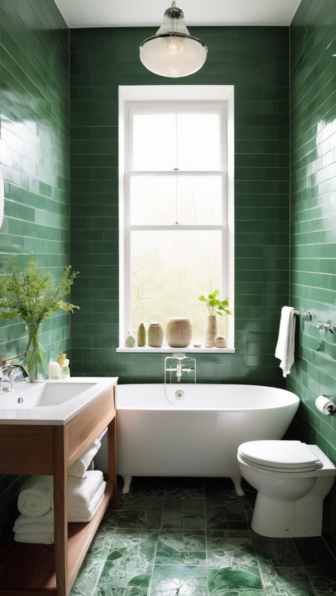 dark green tile, green bathroom floor, green subway tile, emerald green tile, hunter green tile 