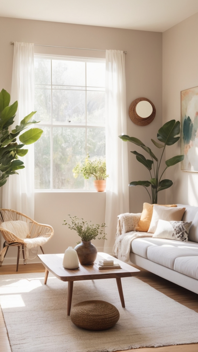 minimalist living room design, boho chic decor, modern bohemian furniture, Scandinavian inspired interior, contemporary minimalist style