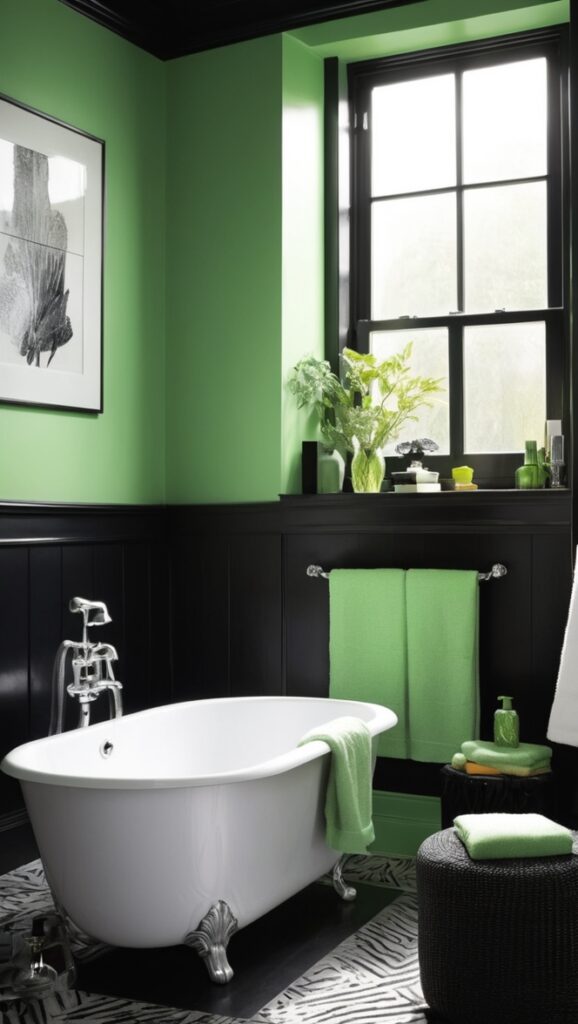 bathroom design, green tiles, black fixtures, modern bathroom, luxury bathroom