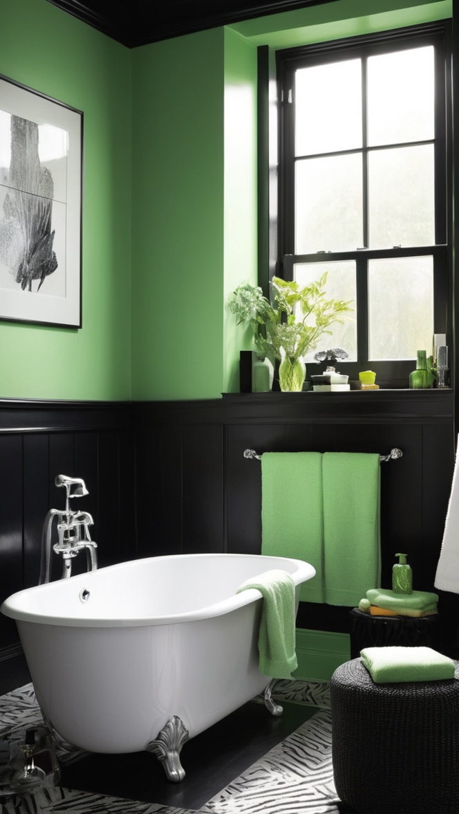 bathroom design, green tiles, black fixtures, modern bathroom, luxury bathroom 