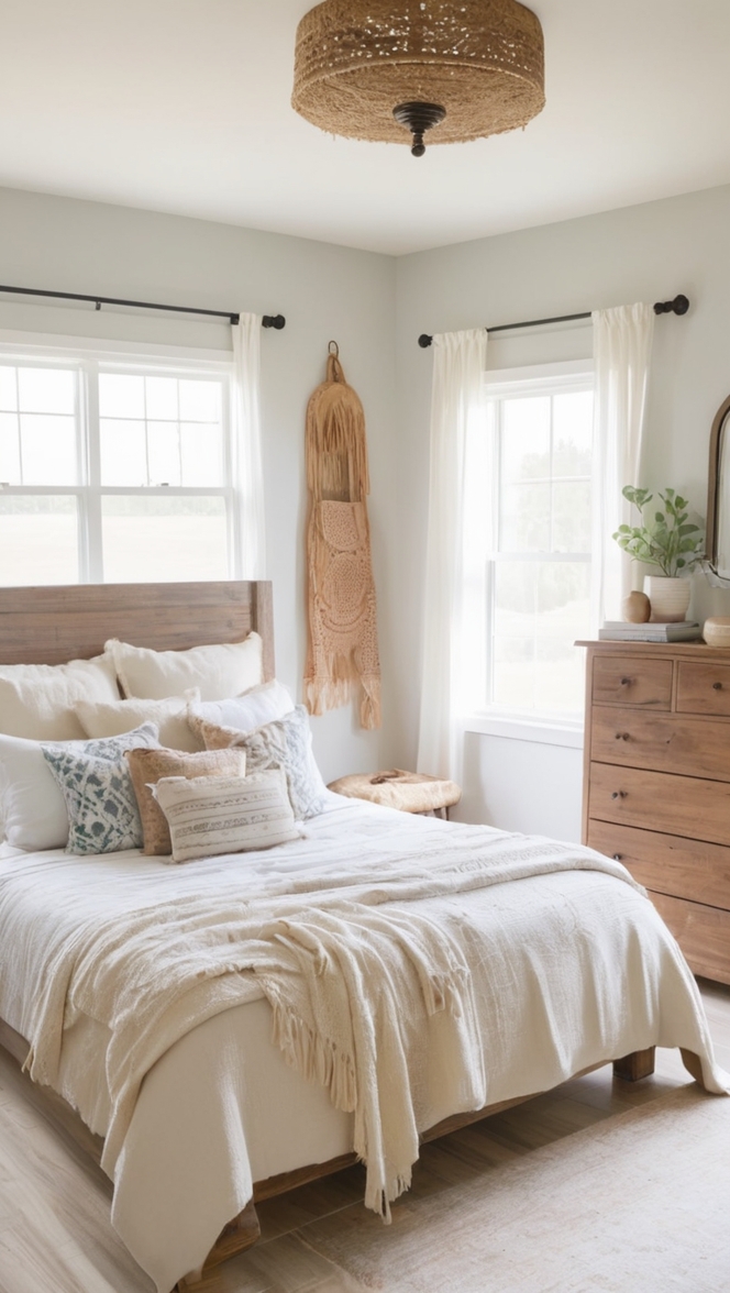 boho bedroom decor, rustic farmhouse furniture, bohemian home accessories, vintage farmhouse style, modern boho bed frame 