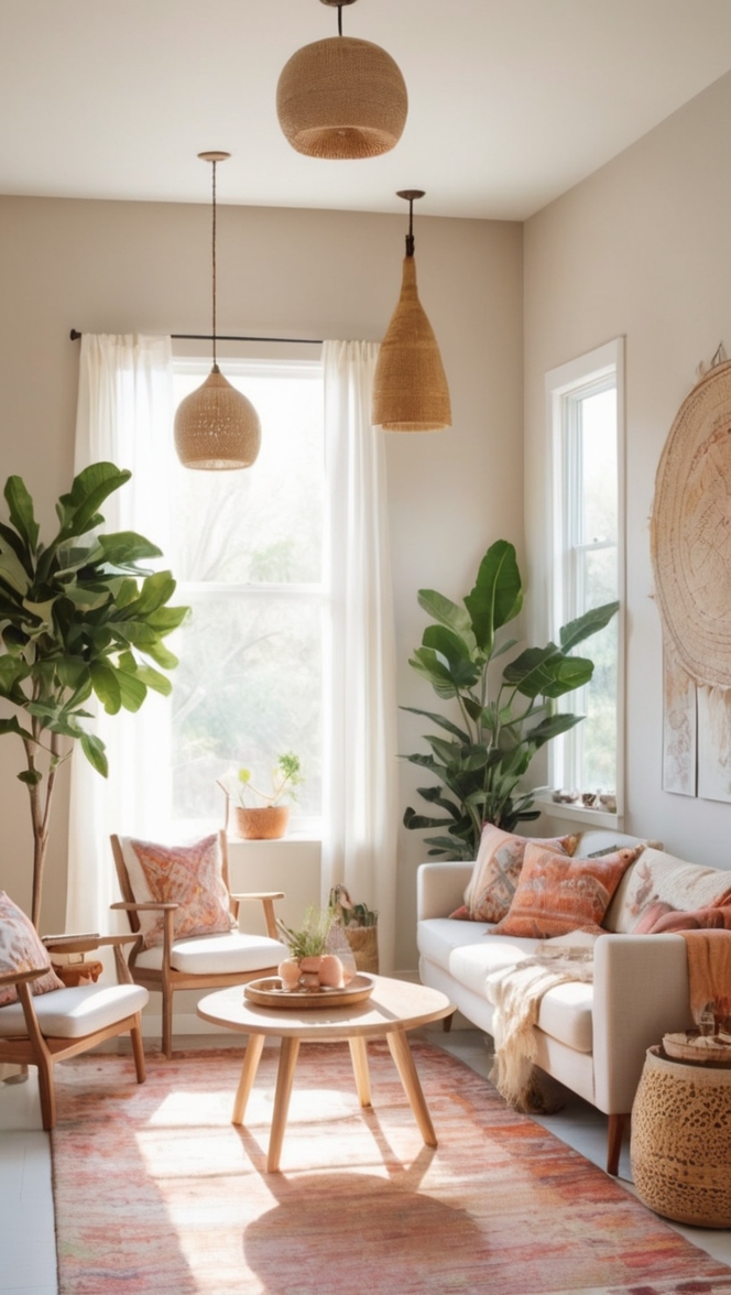 boho decor, boho chic furniture, minimalist home decor, modern bohemian living room, Scandinavian boho design