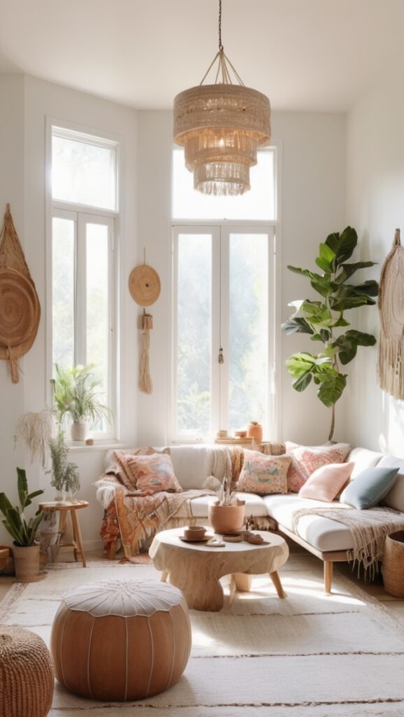 boho decor, boho chic furniture, minimalist home decor, modern bohemian living room, Scandinavian boho design