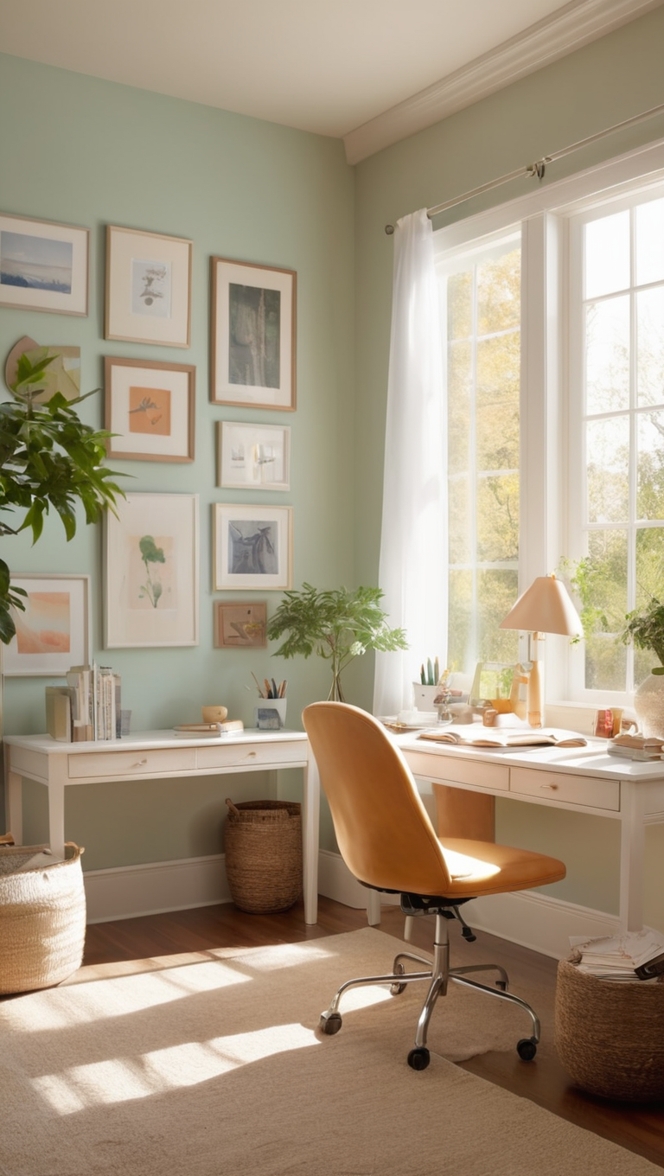 cozy home office decor, home office interior design, minimalistic workspace ideas, stylish office desk setup, modern home office furniture