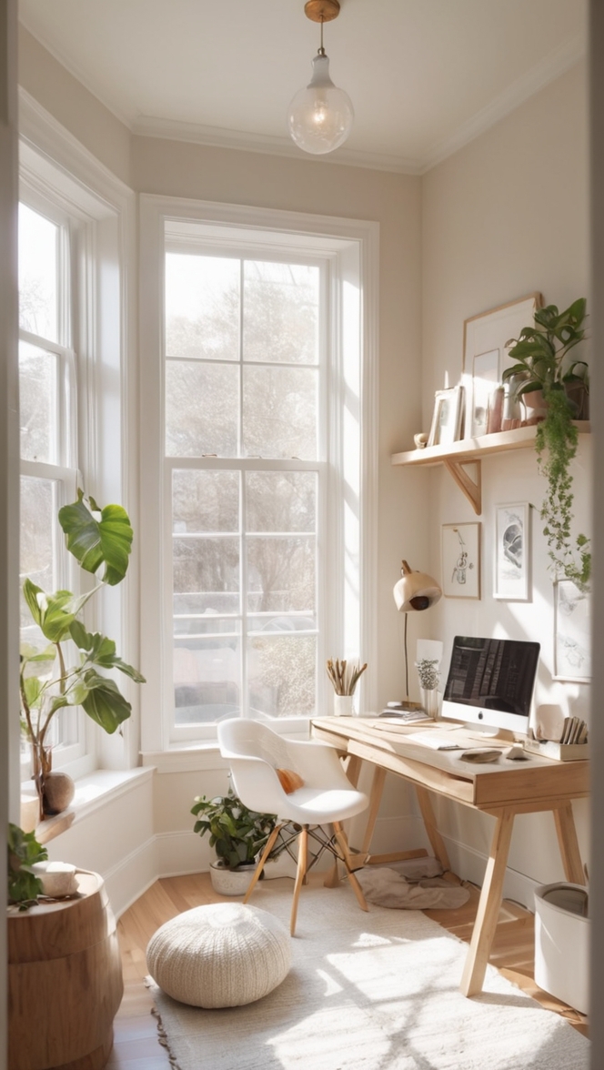 cozy home office decor, home office interior design, minimalistic workspace ideas, stylish office desk setup, modern home office furniture 