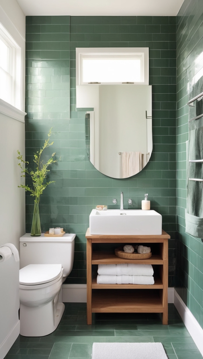 green bathroom tiles, bathroom tile ideas, dark green tiles, green subway tile, bathroom tile design