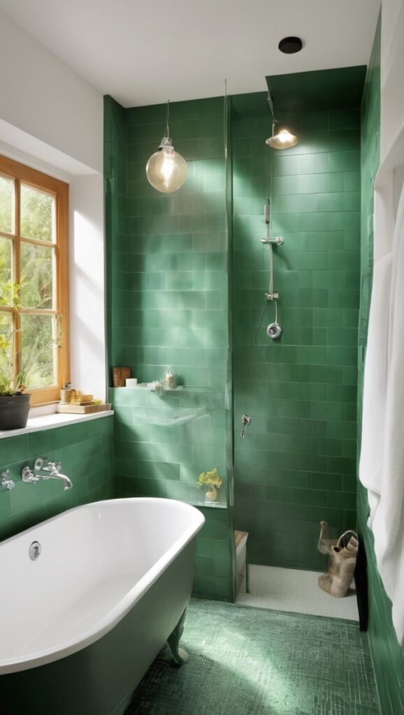 green bathroom tiles, bathroom tile ideas, dark green tiles, green subway tile, bathroom tile design