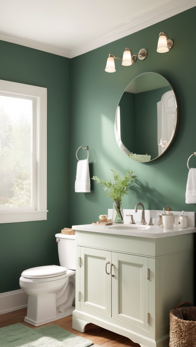 deep green tiles, deep green paint, deep green decor, deep green accessories, deep green bathroom ideas