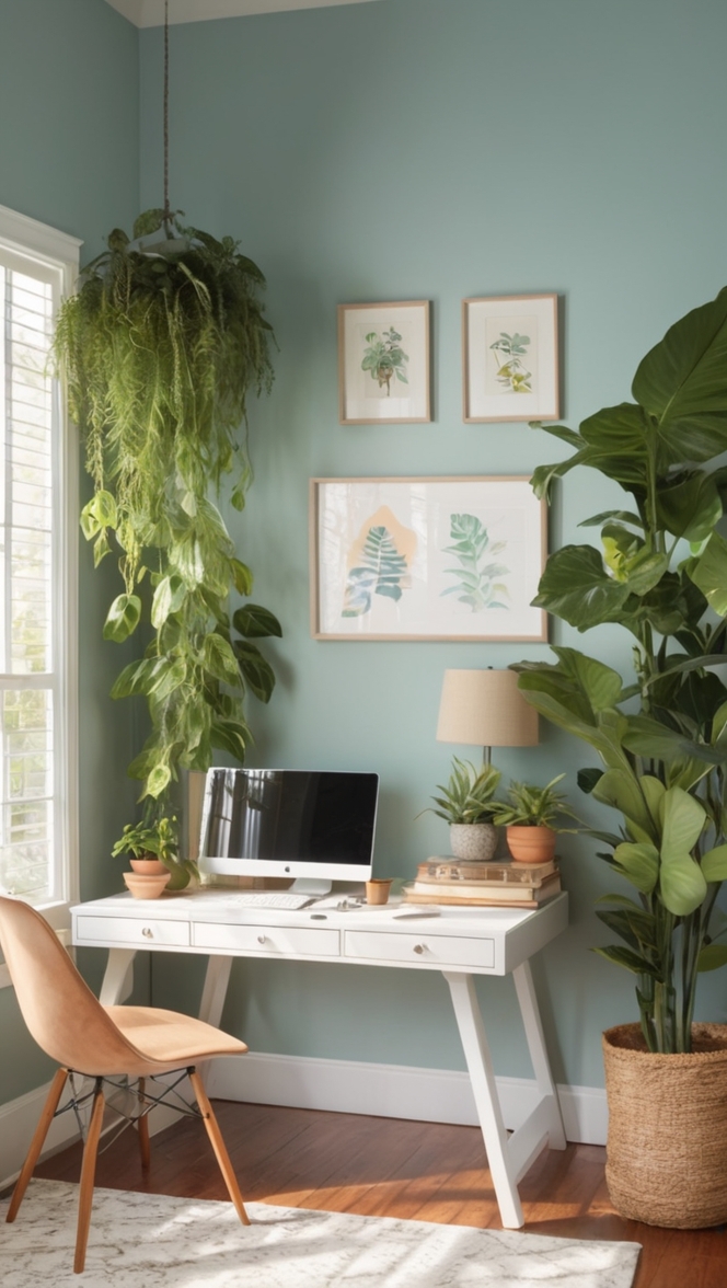 cozy home office decor, cozy home workspace, home office design ideas, indoor office plants, home office plant decor