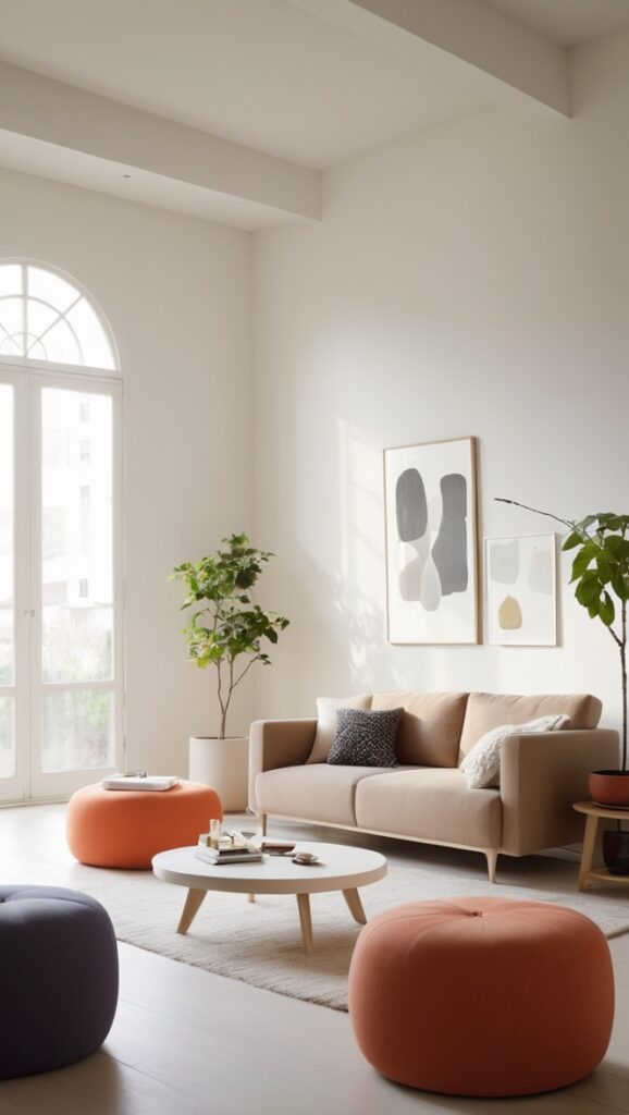 minimalist sofa, modern coffee table, Scandinavian armchair, sleek entertainment center, contemporary bookshelf