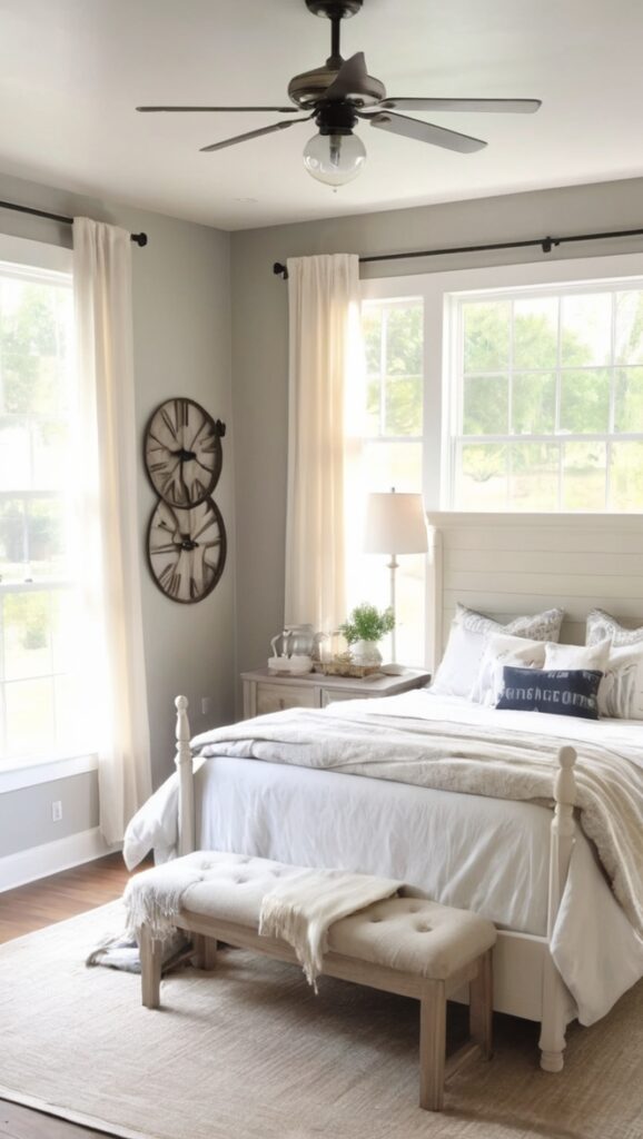modern farmhouse decor, bedroom design ideas, rustic furniture, farmhouse style bedding, cozy master suite