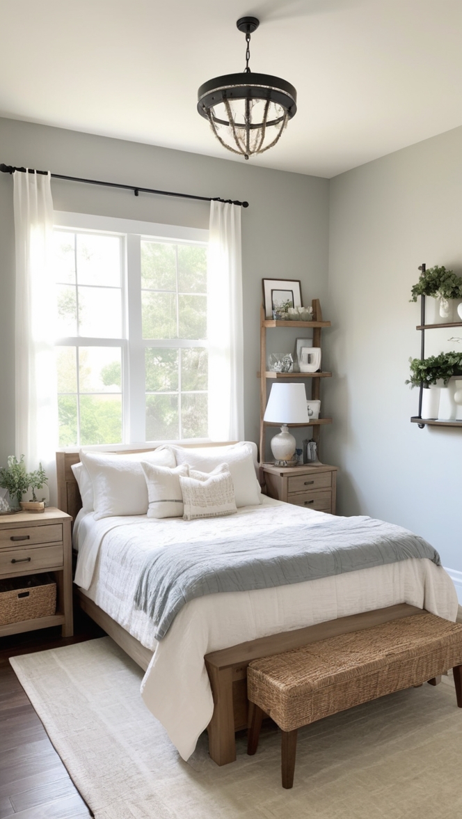 modern farmhouse decor, guest bedroom ideas, farmhouse bedding, rustic wall art, vintage furniture