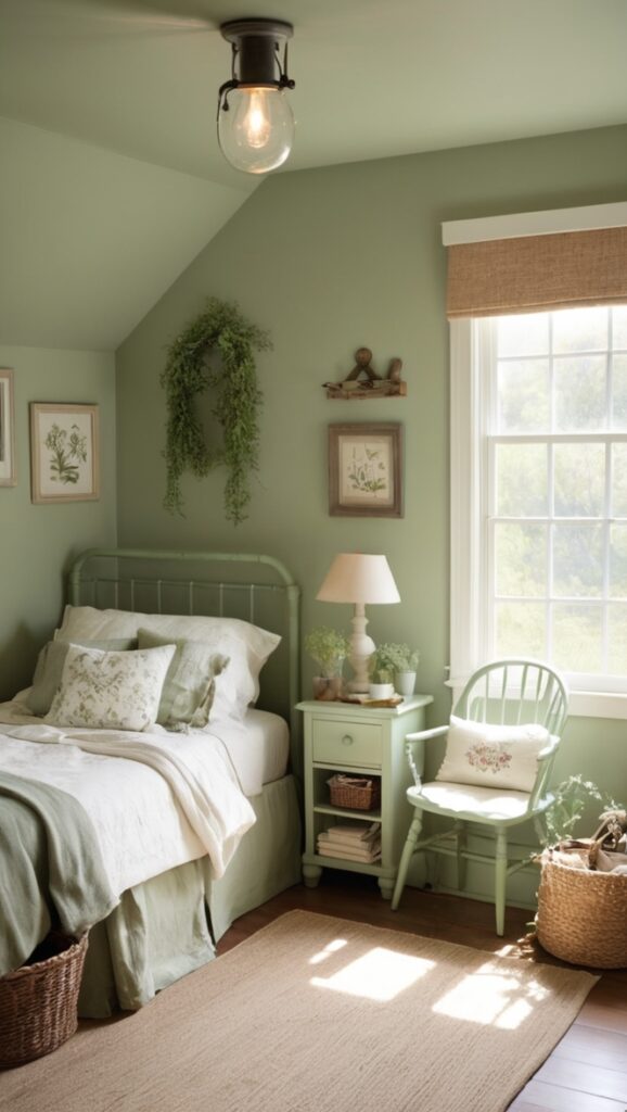 sage green bedroom decor, farmhouse bedroom ideas, rustic bedroom furniture, vintage bedroom design, cozy bedroom aesthetics