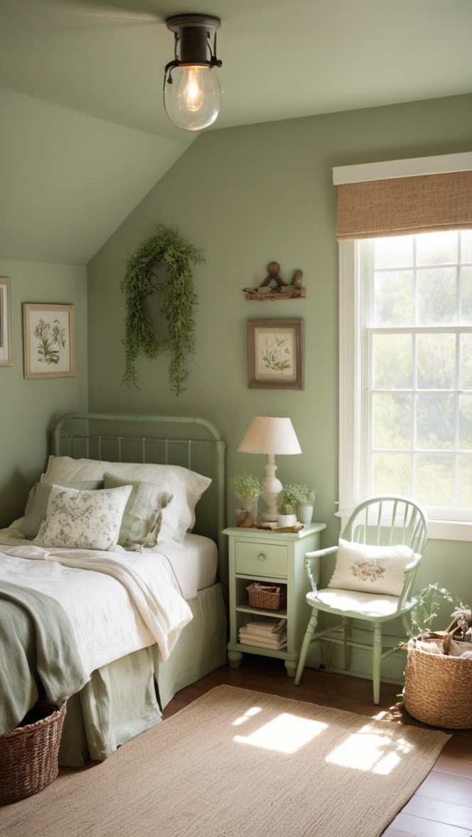 sage green bedroom decor, farmhouse bedroom ideas, rustic bedroom furniture, vintage bedroom design, cozy bedroom aesthetics 