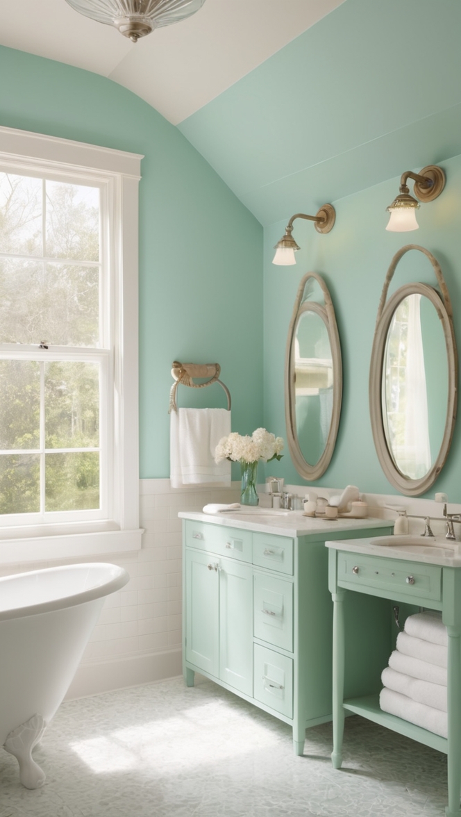 seagreen bathroom, mint green bathroom, seafoam green tile, green bathroom decor, pastel green bathroom