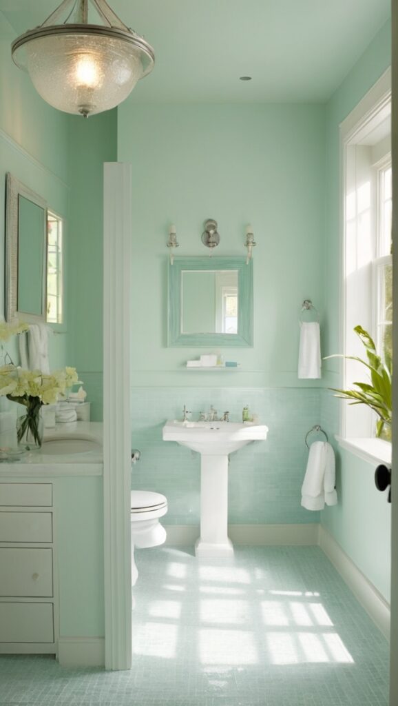 seagreen bathroom, mint green bathroom, seafoam green tile, green bathroom decor, pastel green bathroom
