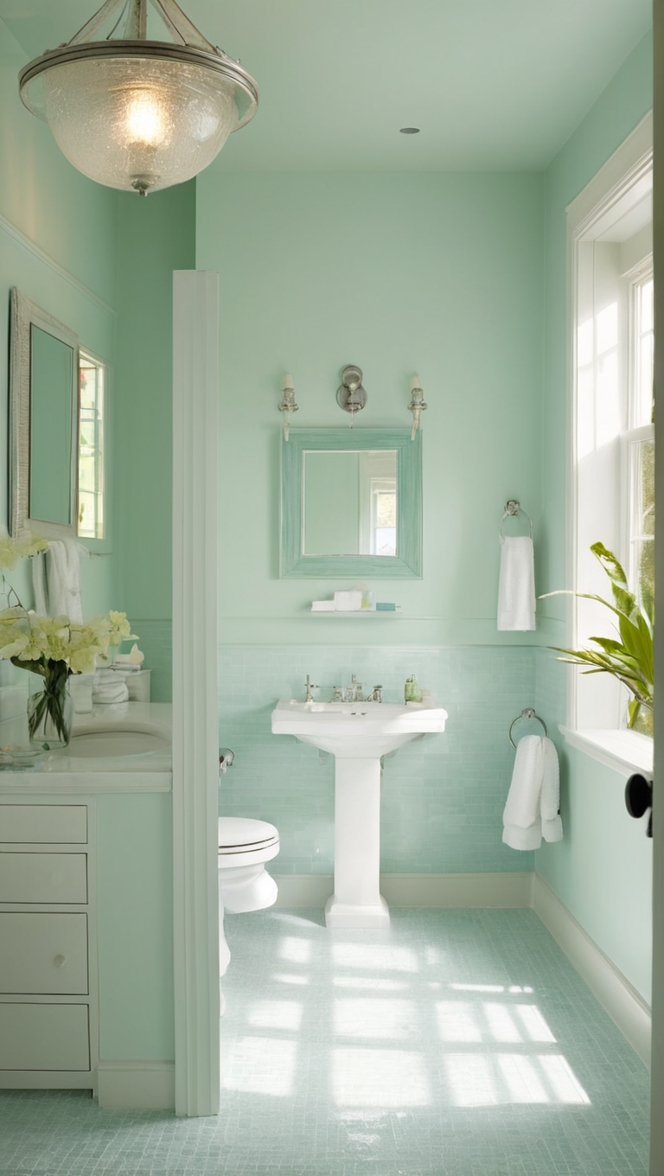 seagreen bathroom, mint green bathroom, seafoam green tile, green bathroom decor, pastel green bathroom 